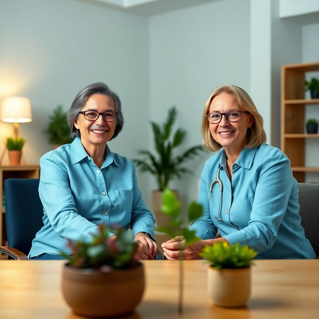8K resolution, hyperrealistic image. A friendly, middle-aged nutricionista sits opposite a client in a bright, modern office, both are engaged in a video call. Soft, even lighting illuminates the scene without harsh shadows. The color palette is calming and professional, muted blues and greens, with pops of color from plants. The camera angle is eye-level, creating an intimate and trusting connection. Both individuals are dressed professionally but in a relaxed manner. The office features natural wood furniture, a few well-placed plants, and soft lighting. The background is subtly blurred. The style emulates the aesthetic of a calm and reassuring advertisement for a health and wellness service. Texture is realistic: the soft fabrics of clothing, the smooth surfaces of the technology, the texture of the wood desk. The mood is calm, trustworthy, and hopeful.
