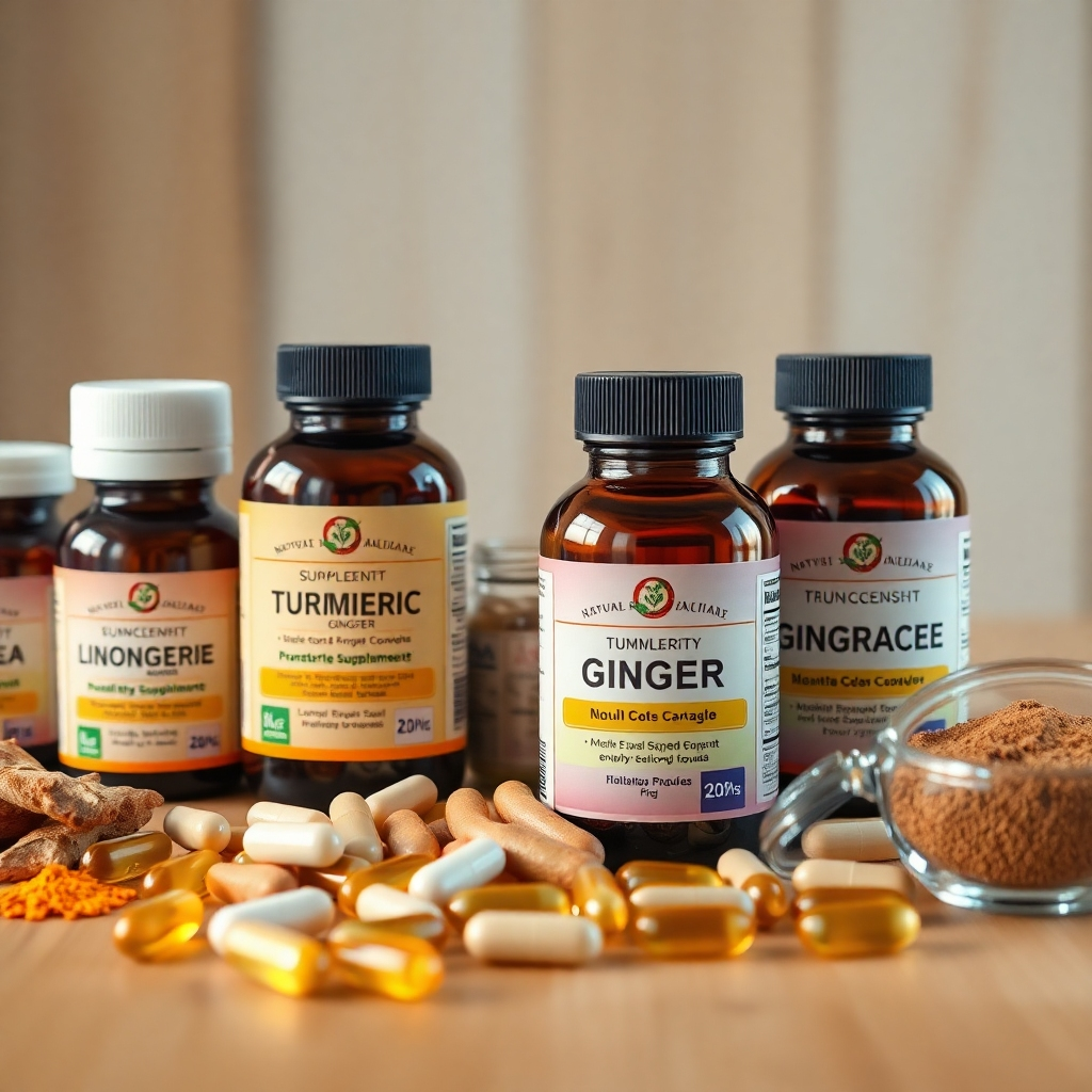 A high-detail, close-up shot of various high-quality natural supplements, including bottles of extracts, jars of powders, and capsules, with labels clearly visible, showcasing different ingredients like turmeric, ginger, ginseng and echinacea. The background should be a clean, minimalist wooden table, emphasizing the natural aspect of the products.
