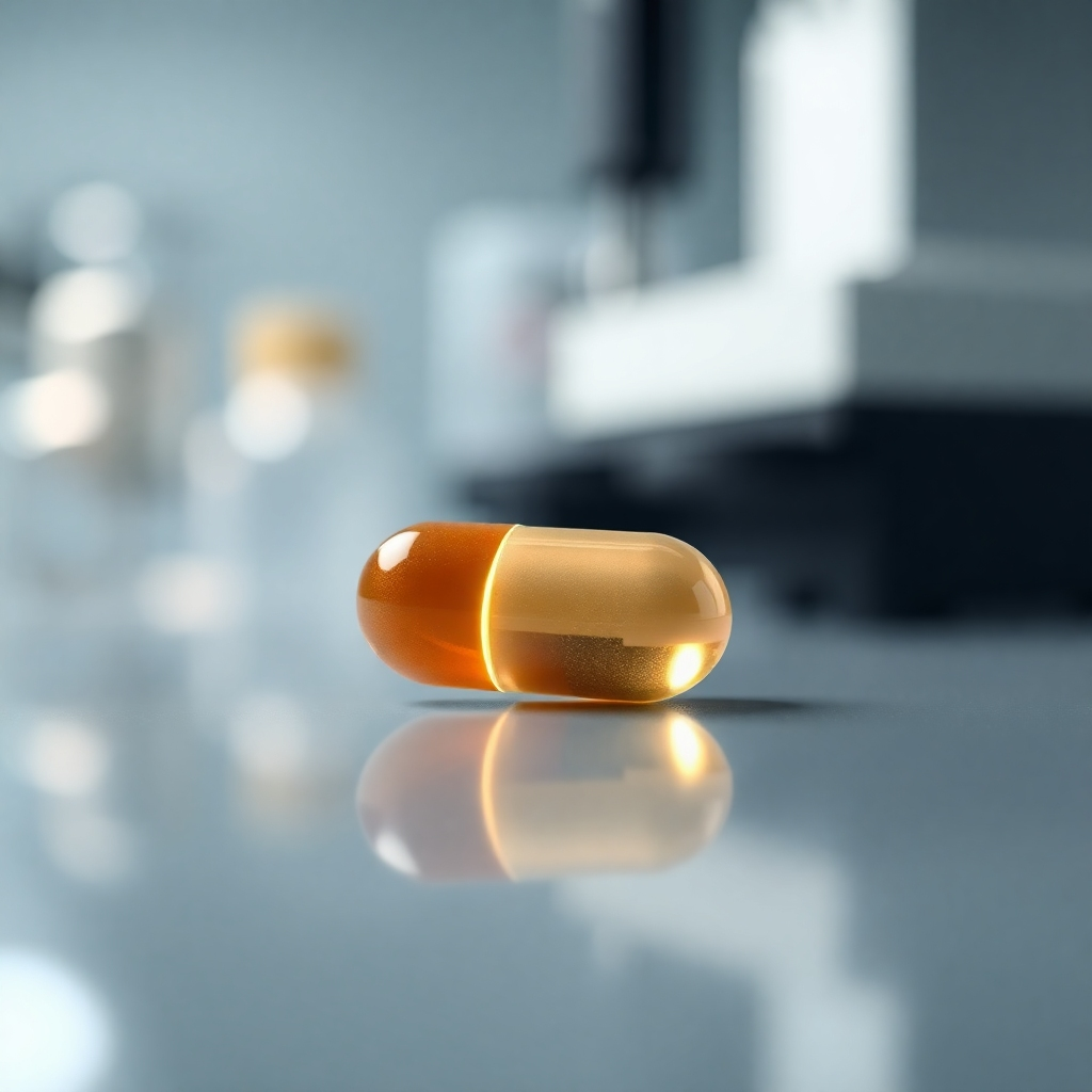 A photorealistic close-up shot of a single, perfectly formed capsule or tablet, glistening subtly. The background should be a blurred image of laboratory equipment showcasing precision and care; include a subtle, almost invisible, watermark of a quality control certification logo.