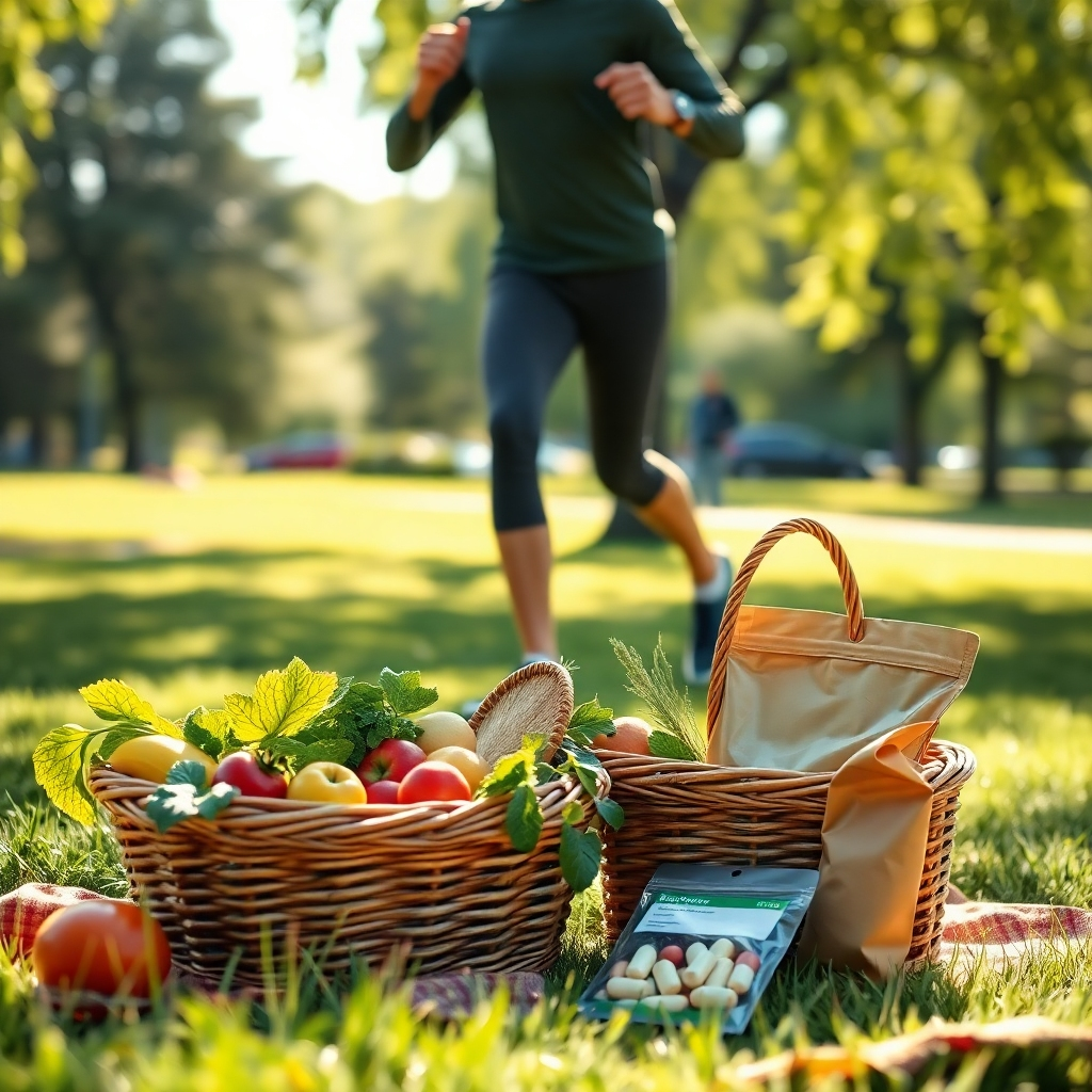 A photorealistic image depicting a balanced lifestyle: a person is exercising outdoors in a park, sunlight shining on them; nearby is a picnic basket with fresh, healthy food, such as fruits, vegetables, and whole grains; and subtly in the background, a small bag of natural supplements is partially visible, suggesting their integration into a holistic approach to well-being.