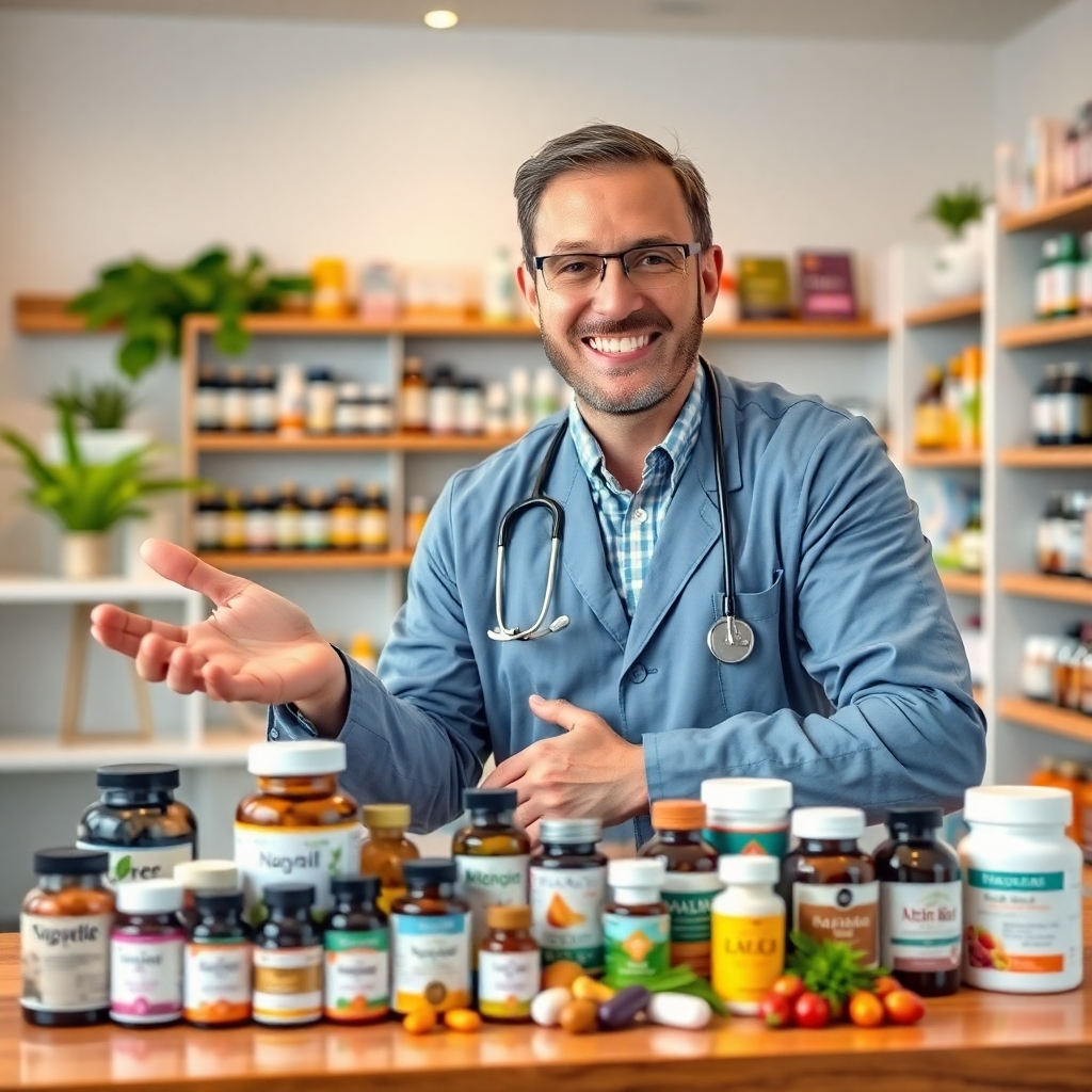 A photorealistic image of a friendly, knowledgeable healthcare professional smiling warmly and gesturing towards a diverse selection of natural supplements neatly organized on a table. The setting should be a bright and welcoming clinic or health store environment, emphasizing trust and expertise.