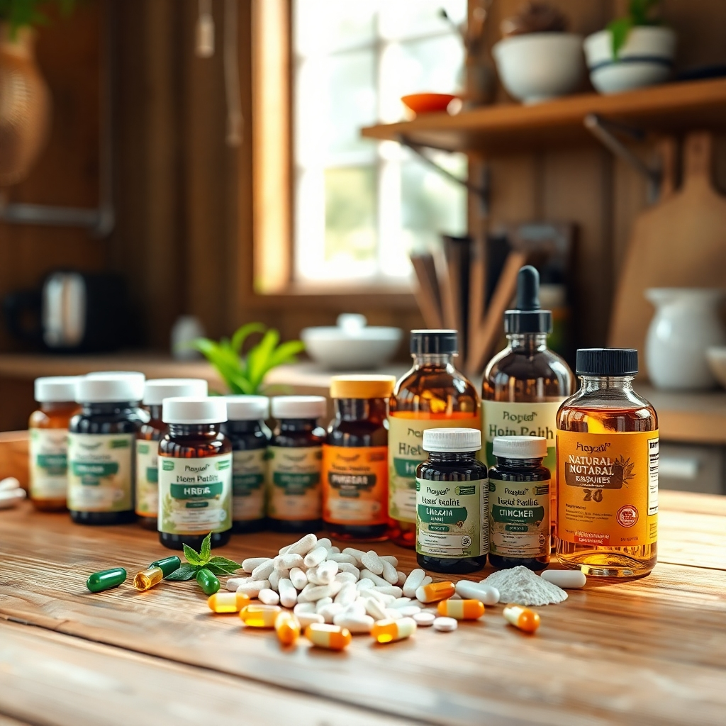 A photorealistic image of a neatly arranged selection of various health supplements, such as capsules, tablets, powders, and tinctures, displayed on a wooden table. Include labels that subtly hint at natural ingredients, like herbs and botanicals. The background should be a softly lit, natural setting like a sunlit kitchen counter or a rustic wooden shelf.
