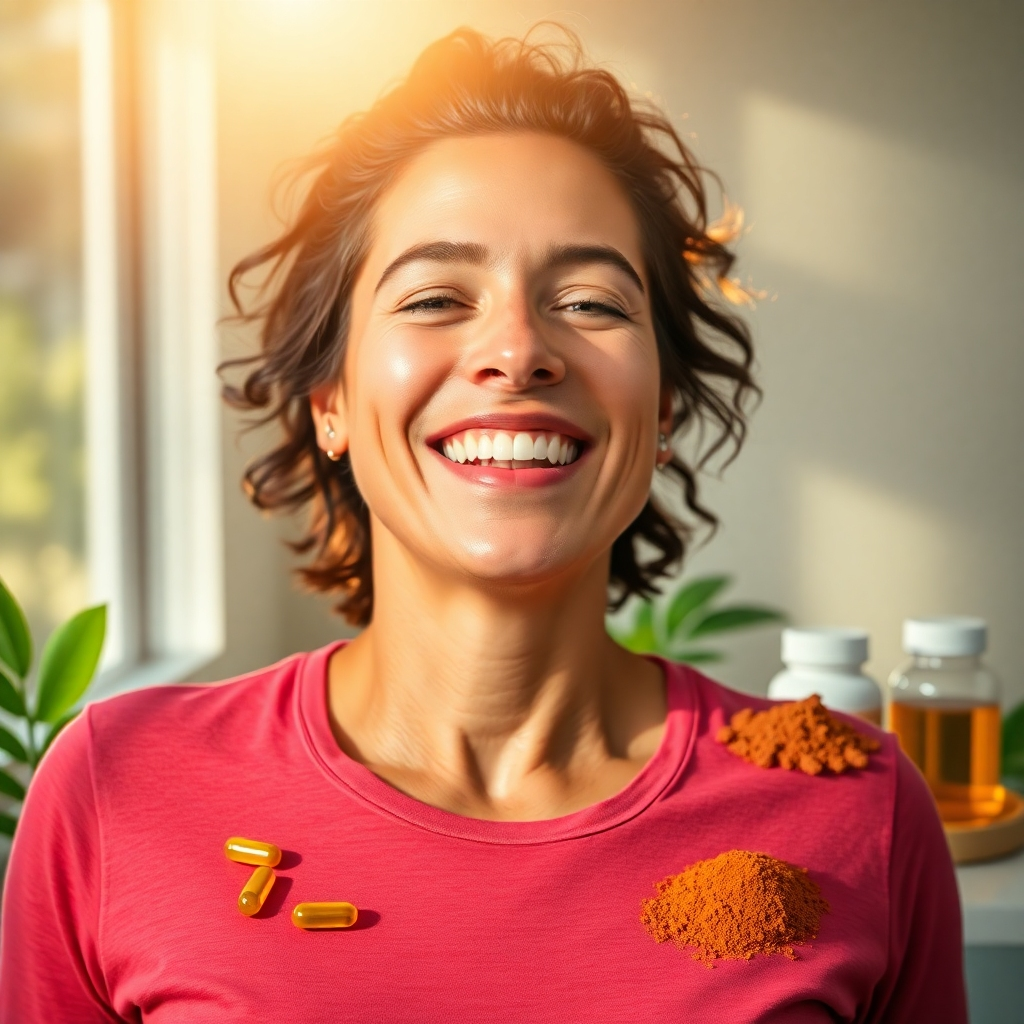 A photorealistic image of a person feeling energized and healthy, with vibrant colors, sunlight streaming in, and various natural supplements (like capsules, powders, and extracts) subtly placed in the background, suggesting a holistic approach to wellness. The person should be smiling and radiating vitality.