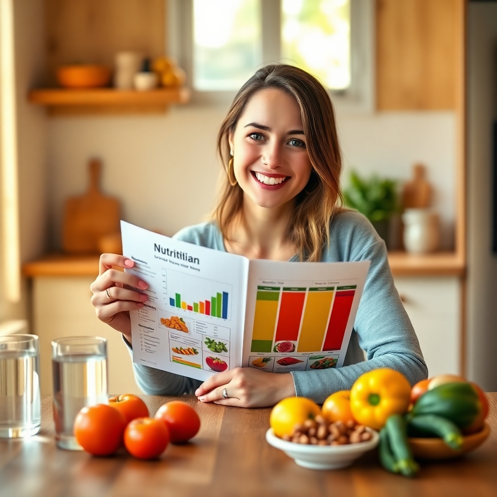 Photorealistic image, 8K resolution, hyperrealistic detail. A young woman smiles warmly, sitting at a wooden table in a sunlit kitchen. She holds a personalized nutrition plan, featuring colorful charts and images of healthy food. Soft diffused lighting creates a warm, inviting atmosphere. The color palette is vibrant and natural, emphasizing healthy foods (bright oranges, greens, reds). Camera angle is slightly high, looking down at the woman, creating a friendly, approachable composition. The table features fresh, organic fruits and vegetables. The background subtly shows a rustic, modern kitchen with natural wood tones. Style inspired by Annie Leibovitz's portrait work. Texture details are extremely realistic: the smoothness of the plan's paper, the texture of the wood, the juicy vibrancy of the fruits. The mood should be positive, healthy, and inspiring. Include a glass of water and a small bowl of colorful nuts nearby.