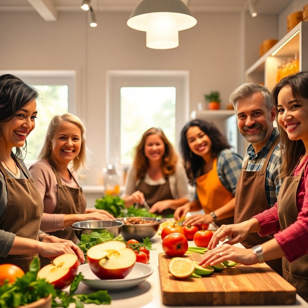 Photorealistic image, ultra-high definition. A small group of smiling people of diverse ages and ethnicities are actively participating in a cooking class. Warm, inviting lighting from a kitchen window and overhead lights brightens the scene. Vibrant colors, emphasizing fresh produce and healthy ingredients being used in the preparation of various dishes. Camera angle is medium-shot, capturing the group's engagement and teamwork. The kitchen is bright, clean, and well-equipped with modern appliances. The background shows brightly lit shelves with healthy cooking ingredients in glass jars and wooden bowls. Style inspired by food photography. Textures are meticulously detailed: the gloss of a freshly sliced apple, the roughness of the countertop, the smooth surface of a wooden cutting board. The overall mood is positive, fun, and educational.